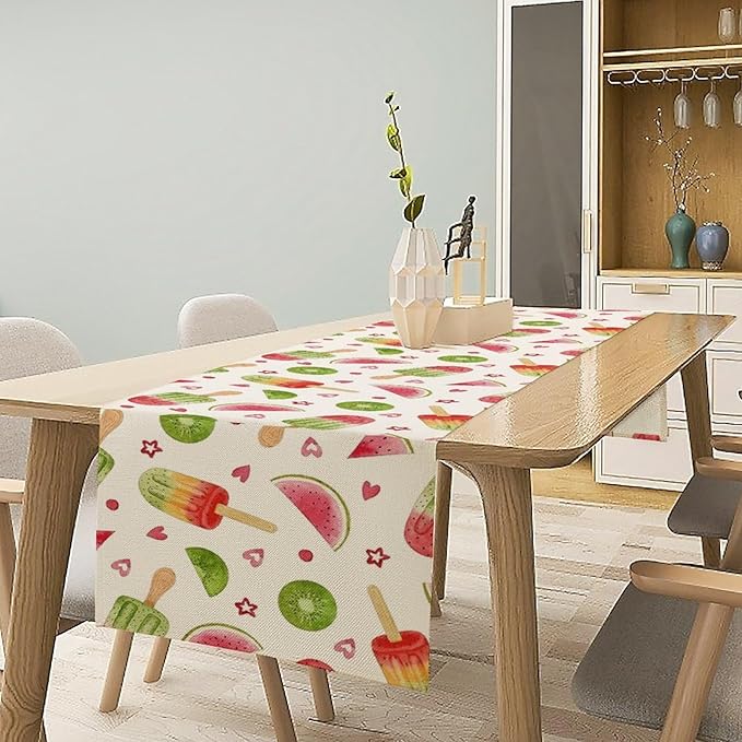 Summer Popsicles Table Runner, Colorful Watercolor Ice Cream Loves Heart Seasonal Dinner Runner for Party Holiday Home Kitchen Dining Table Decor 13"x90"