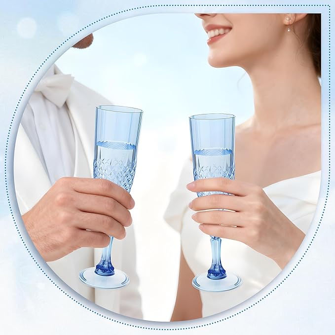Plastic Champagne Flutes, 48PCS Blue Wine Glasses Goblets Cups Reusable Flute, for Weddings Bachelor Parties Toasting and Events (48, Blue)