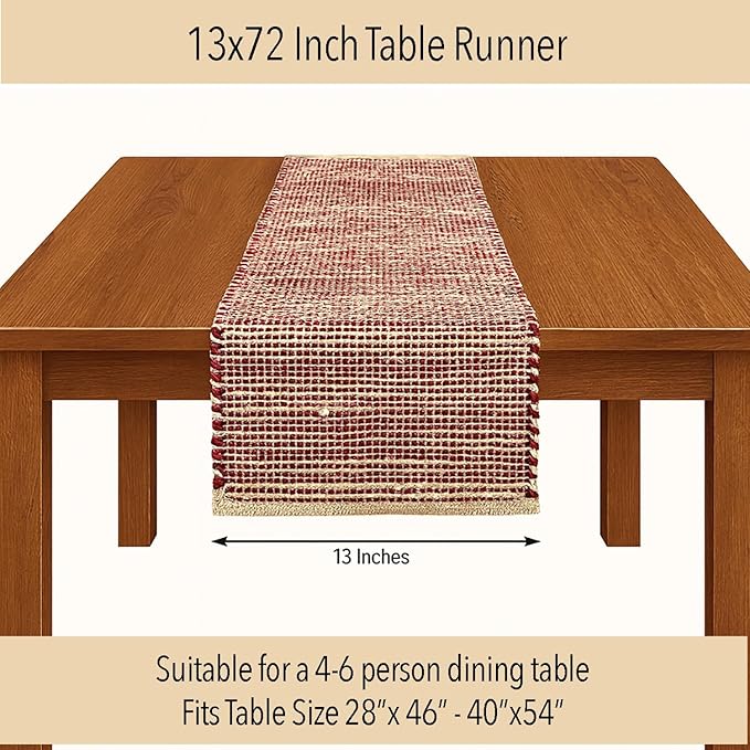 Chardin home Natural Jute Table Runner 13x72 Inch – Vintage Boho Rustic Table Decor – Handwoven Table Runner in Natural Jute and Red – Farmhouse Dining or Console Table Accent
