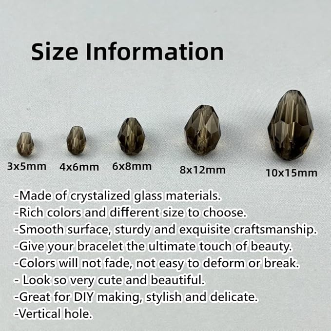 200pcs 3x5mm Teardrop Crystal Glass Beads for Jewelry Making, Faceted Vertical Hole Teardrop Glass Spacer Beads for Wind Chimes Bracelet Earring Necklace DIY Craft(Gray)