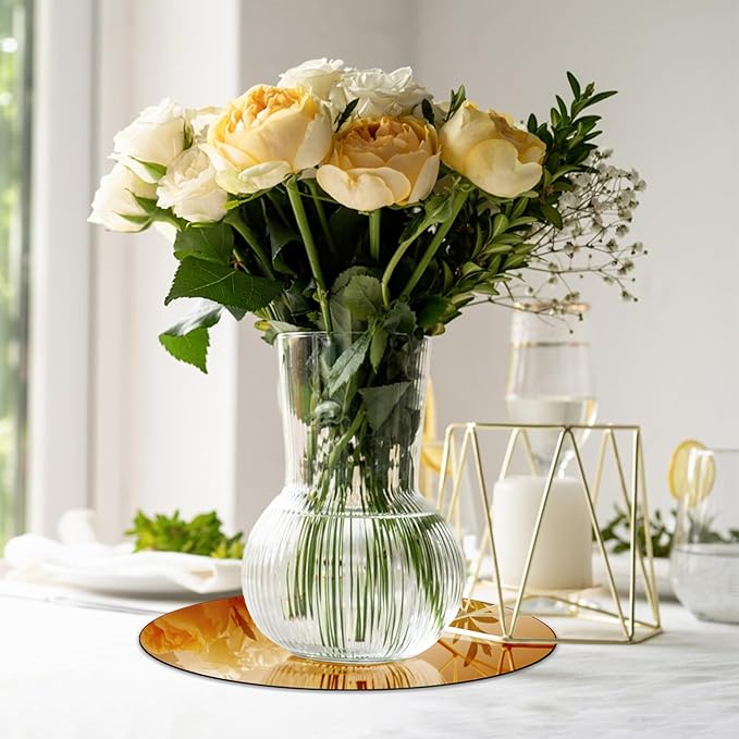 VASUHOME 10" Gold Mirror Centerpieces for Tables, Round Mirror Plates Set for Candle, Wedding, Party Decorations, Circle Mirror Trays with Smooth Edge and Cushioned Feet, 2mm Thick