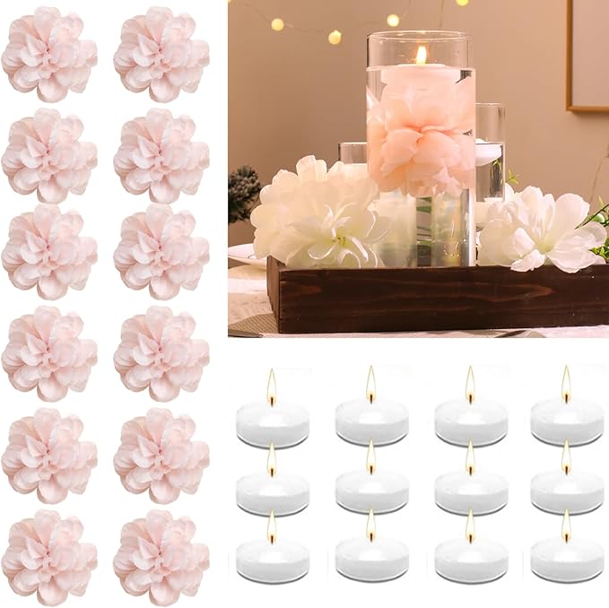 Vase Fillers: 24 Pink Floating Flowers and White Floating Candles Set