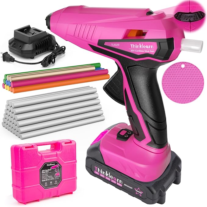 Cordless Hot Glue Gun - 20V Temp Adjust Hot Glue Gun with 43PCS Full Size Hot Glue Sticks, Pink Fast Heating Glue Gun and Sticks Set for DIY, Arts & Craft, Decorations, Gift for Women