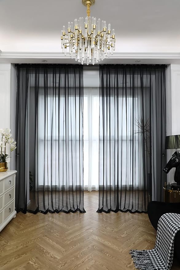 Window Black Sheer Curtains 48 Inches Width 72 Inches Long 2 Panels Sheer Curtain Clear Curtains Basic Rod Pocket Panel for Home Living Room Bedroom Kids Room Yard Patio Parlor Sliding