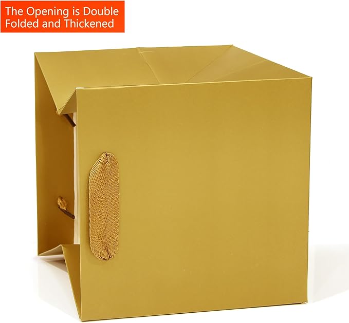 Gold Square Gift Bag 12 in Paper Gift Box Large Square Bottom Kraft Paper Bags with Handles for Party Favor, Birthday Gift Bags (Gold, 12 x 12 x 12 in, 10 CT)