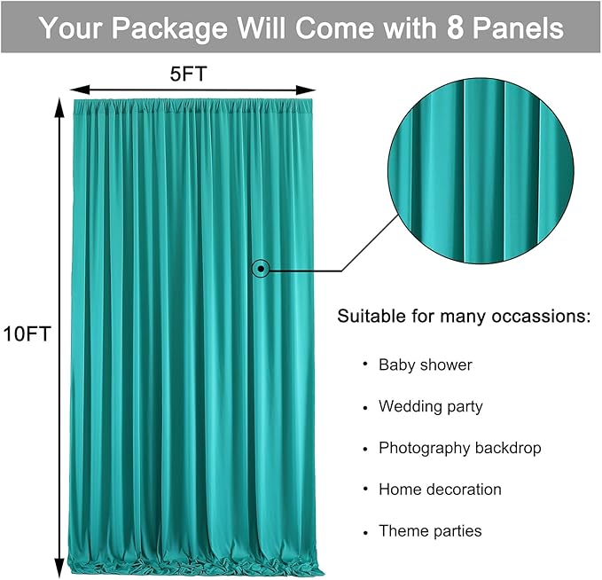 Turquoise Backdrop Curtain Set - 8 Panels, Wrinkle-Free, 40 ft x 10 ft