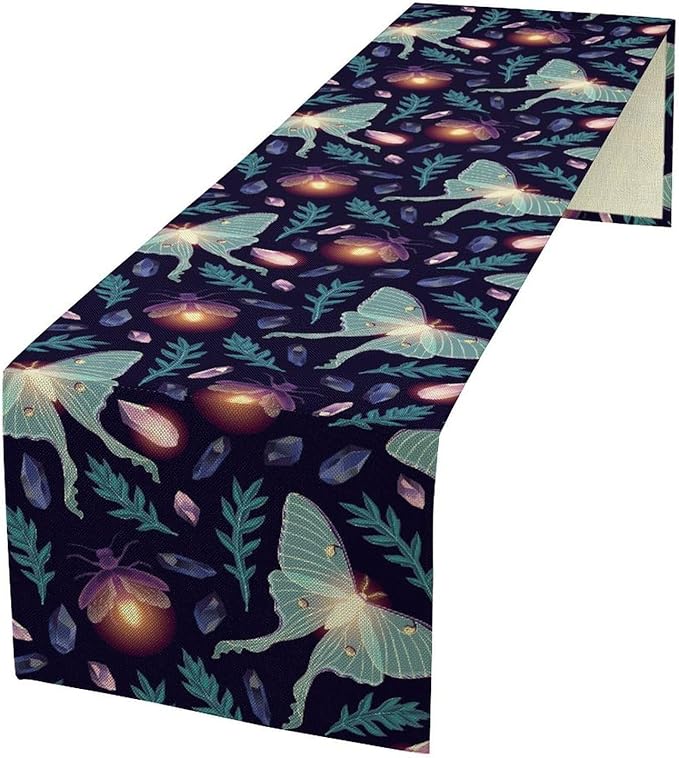 Moth Table Runner, Retro Boho Aesthetic Blue Moth Magic Table Runner for Home Kitchen Dining Party Indoor Outdoor Decoration 13x90 Inch