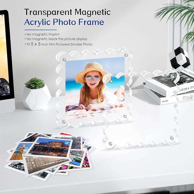 Acrylic Picture Frames .5×5inch 2Pack - Double-Sided Scalloped Photo Frame, 20mm Ultra-Clear Block, Modern Desktop Display for Home/Office Decor (2 Pack, 5X5)