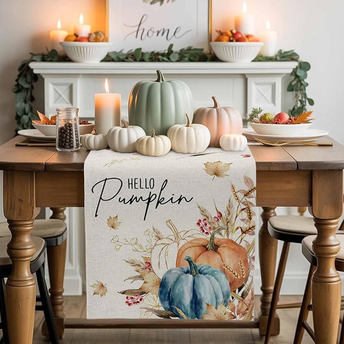 Fall Thanksgiving Cotton Linen Table Runner for Dining Kitchen, Orange Pumpkins Outdoor Party Autumn Tablerunners Decoration, Rustic Wheat Leaves Dresser Scarf Coffee Tablecloth Runners 13x48 Inches