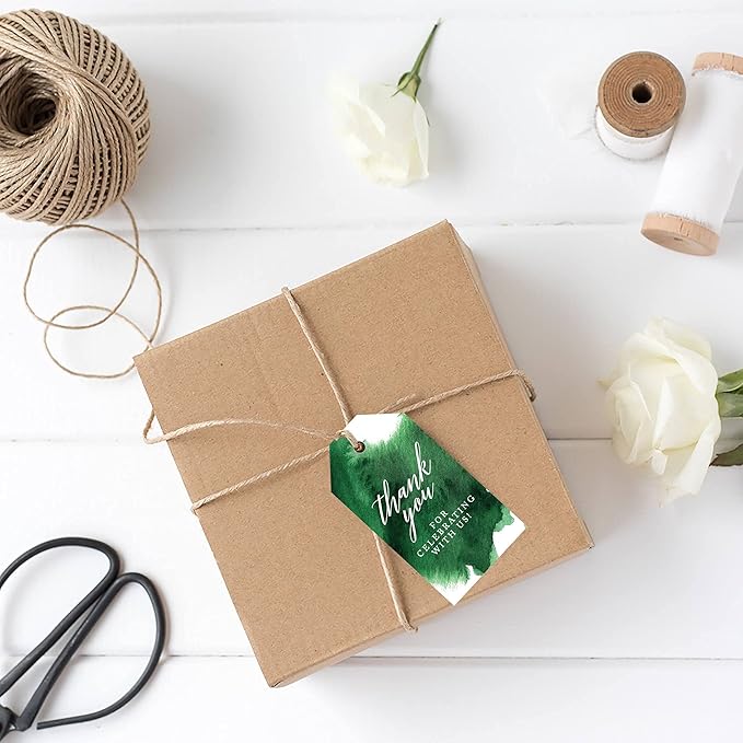Andaz Press 100-Pack Thank You for Celebrating with Us Favor Tags Emerald Green Watercolor Cardstock Gift Tags with Bakers Twine for Wedding Baby Shower Bridal Shower Party Favors 2 x 3.75-Inches