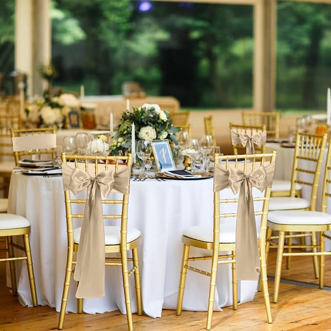 Chair Sashes, 100 Pack Champagne Satin Ties for Wedding Decor