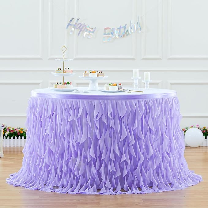 PARTISKY Lavender Purple Tulle Curly Willow Table Skirt for Rectangle Table 17ft, Ruffle Tutu Table Cloth for Girls Boys Baby Shower,Mermaid Birthday Party