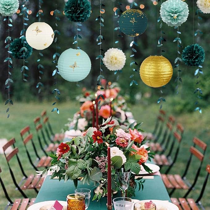 Banners Green and Gold Party Decor Kit, 41 Pieces with Paper Lanterns