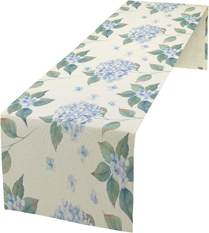 Spring Hydrangea Flower Table Runner, Seasonal Summer Plants Watercolor Blue Florals Dinner Runner for Home Kitchen Dining Table Party Holiday Decoration 13"x70"