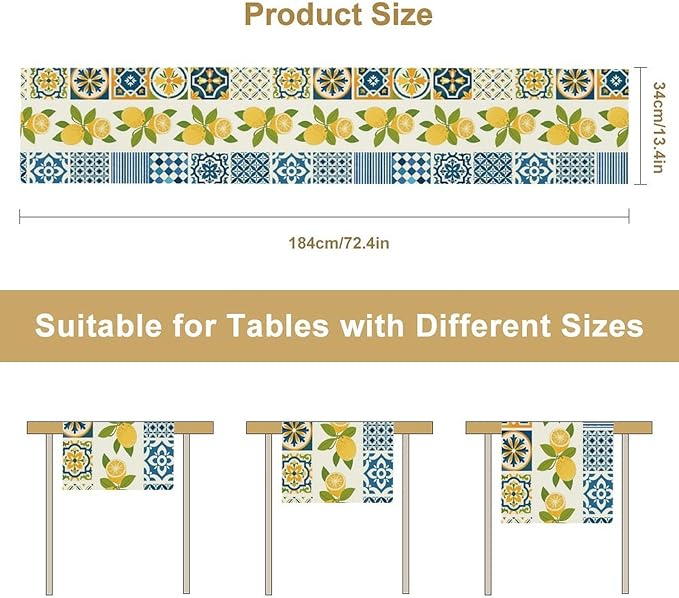 Lemon Table Runner,Watercolor Blue Fruits Green Leaves Print Table Cloth Kitchen Dining Table Home Party Decoration 13x108 Inch