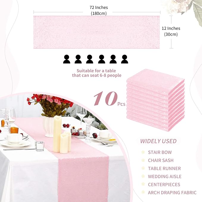 Pink Table Runner 10 Packs 12x72 Inches Sequin Glitter Table Runners for Party Bridal Baby Shower Event Party Wedding Table Decor