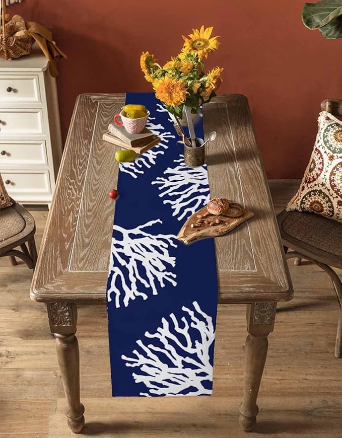 Coastal Coral Cotton Linen Table Runner for Dining Kitchen, Wedding Outdoor Party Tablerunners Decoration, Navy Blue Nautical Ocean Beach Dresser Scarf Coffee Tablecloth Runners 13x120 Inches