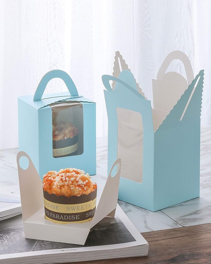 Cupcake Carriers 50 Pack Light Blue Auto-Pop Boxes with Holder Inserts