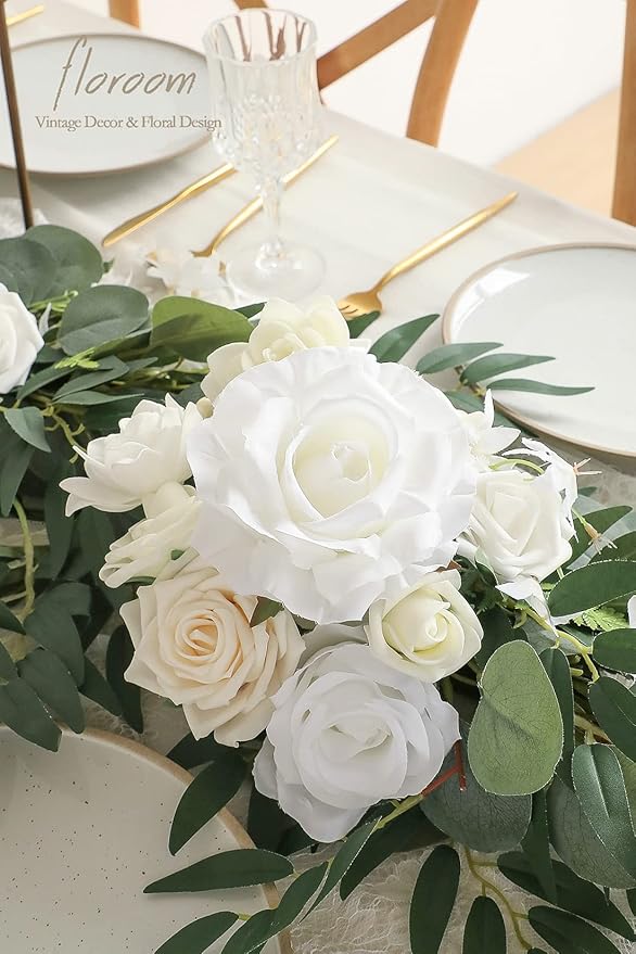 Floroom 6ft Artificial Eucalyptus Garland with Flowers Fake Greenery Faux Floral Vine Garland for Table Decor Wedding Centerpieces Bridal Shower Party Decorations, Ivory White