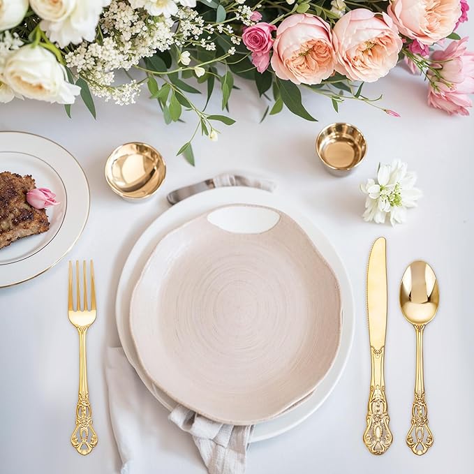 40PCS Gold Plastic Silverware - Heavy Duty Elegant Disposable Utensils - Gold Plastic Cutlery Set Includes 20 Forks, 10 Spoons, 10 Knives for Dinner, Parties, Weddings