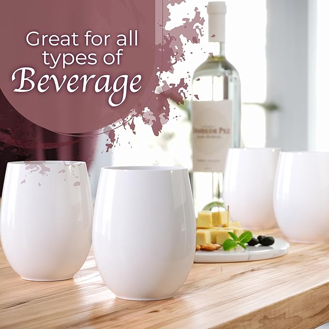 Stemless Plastic Wine Glasses, 24 Count, 12 Oz, White Unbreakable Set