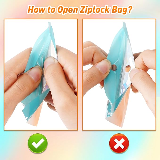 Funfery 100 Pack Gradient Holographic Bags,Mylar Resealable Bag with Zipper,Clear Window Packaging Pouch,Smell Proof Bags for Food Storage,Sample Jewelry Baggies(5.5x7.9In,Blue Orange)