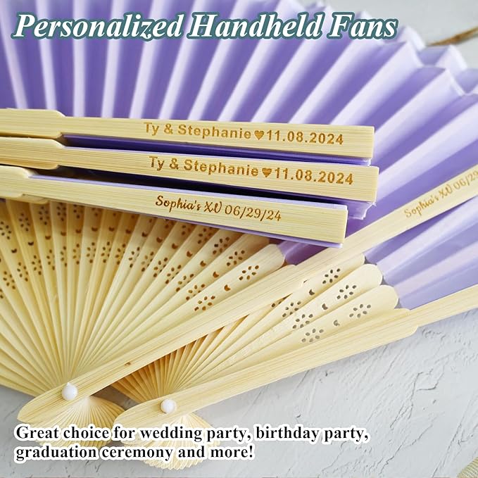 60 Pcs Personalized Purple Wedding Fans for Guests Bulk, Custom Hand Fans Decorative Folding Fans, Wooden Fans Party Favor Birthday Party Supplies Bridal Shower Gifts Baby Shower Favors