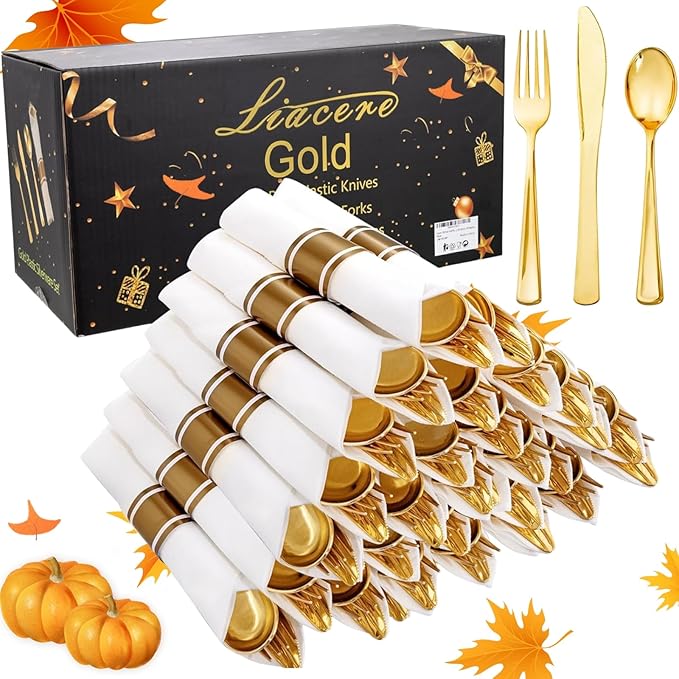 Spoons, Gold Plastic Disposable Cutlery Set with Napkins, 400 Pieces