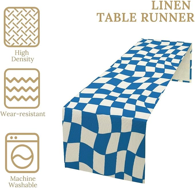 Table Flag Retro Plaid 60s70s Blue Plaid Table Flag Kitchen Restaurant Decoration Suitable for Indoor and Outdoor Festival Home Wedding Party Table Flag 13x108