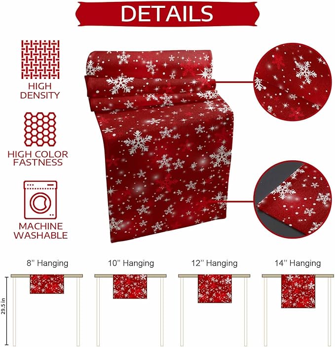 Christmas Snowflakes Cotton Linen Table Runner for Dining Kitchen, Red Xmas Winter Snow Wedding Outdoor Party Tablerunners Decoration, New Year Dresser Scarf Coffee Tablecloth Runners 13x120 Inches