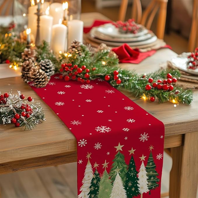 GEEORY Christmas Table Runner 13x60 Inch, Xmas Trees Snowflakes Holiday Decorative Farmhouse Table Decoration for Kitchen Dinning, Indoor Outdoor Dinner Party Decor (Red) GT150-60