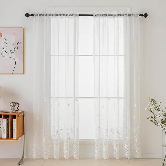 VISIONTEX White Voile Curtains, Decorative White Embossed Butterflies Rod Pocket Window Drapes for Home Kitchen, Living Room and Bedroom 54 x 84 Inch, Set of 2 Curtain Panels