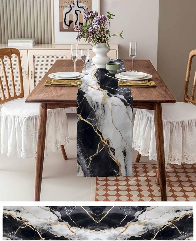 Black White Marble Cotton Linen Table Runner for Dining Kitchen, Wedding Outdoor Party Tablerunners Decoration, Nature Marble Crack Modern Art Dresser Scarf Coffee Tablecloth Runners 13x108 Inches