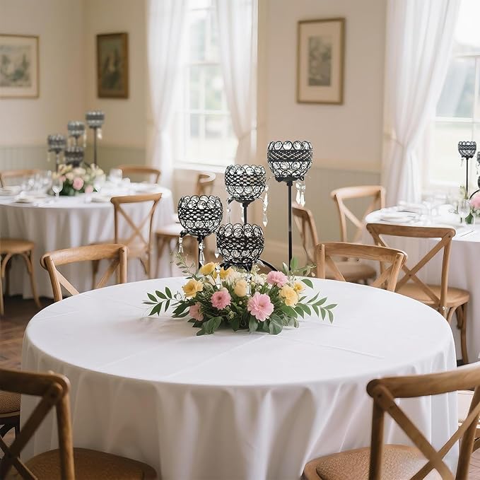 4 Arms Crystal Candelabra Tealight Holder - Tall 15.7 Inch Elegant Centerpiece with Crystal Pendant Bowls & Artistic Metal Stand for Wedding, Dining Table, Home Decor (4, Black)