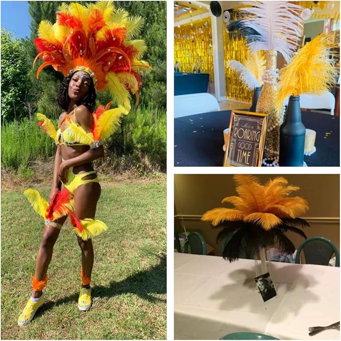 Ballinger Big Gold Ostrich Feathers - 24Pcs 8-10inch Feathers for Crafts,Party Centerpieces Mardi Gras and Home Decor