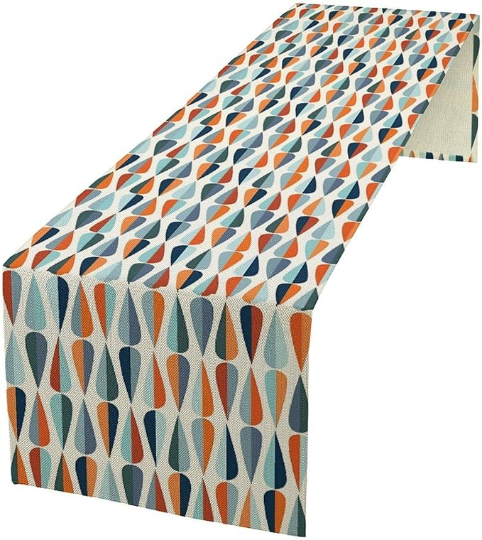 Mid Century Table Runner, Modern Style Retro Pattern Droplet Shapes Mosaic Tones Pattern Print for Home Kitchen Table Decor Dining Coffee Room Party Decor 13x90in