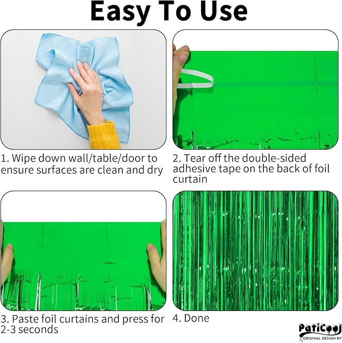 Streamers Party Backdrop Curtains, Green Metallic PET, 4 Pack 3.2 x 8.2 FT