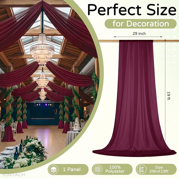 Wedding Arch Draping Fabric 29" x 19Ft Sheer Drapes for Backdrop Wedding Ceremony Reception Ceiling Decor Curtain Baby Bridal Shower Decoration (Burgundy, 1 Panel)