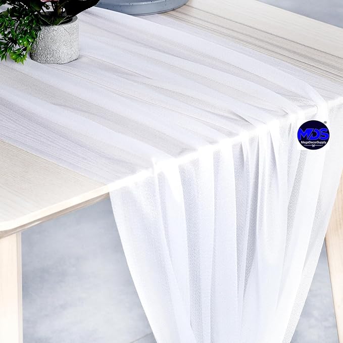 MDS 20 Pack 10ft Chiffon Table Runner 29 x 120 Inches Sheer Wedding Runner Romantic Rustic Table Runner for Wedding Decorations, Birthday Parties, Bridal Shower Party Arch Decor - White