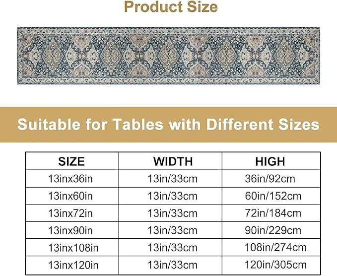 Vintage Boho Floral Table Runner, Rustic Country Farmhouse Blue Grey Retro Flower Pattern for Home Kitchen Table Decor Dining Coffee Room Party Decor 13x60in