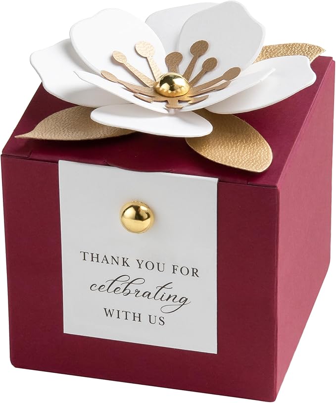 Gift Boxes, 20 Burgundy Favor Boxes with White Floral Decor and Tags