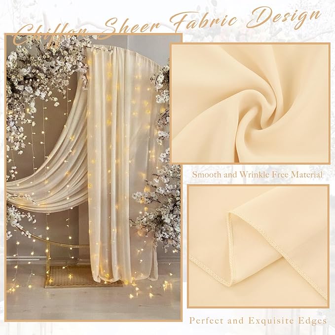 Wedding Arch Draping Fabric, 4 Champagne Chiffon Panels, 20 Ft Long