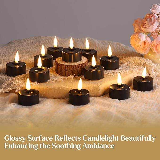 Flameless Tealight Candles, Black with Warm White LED Glow and Timer
