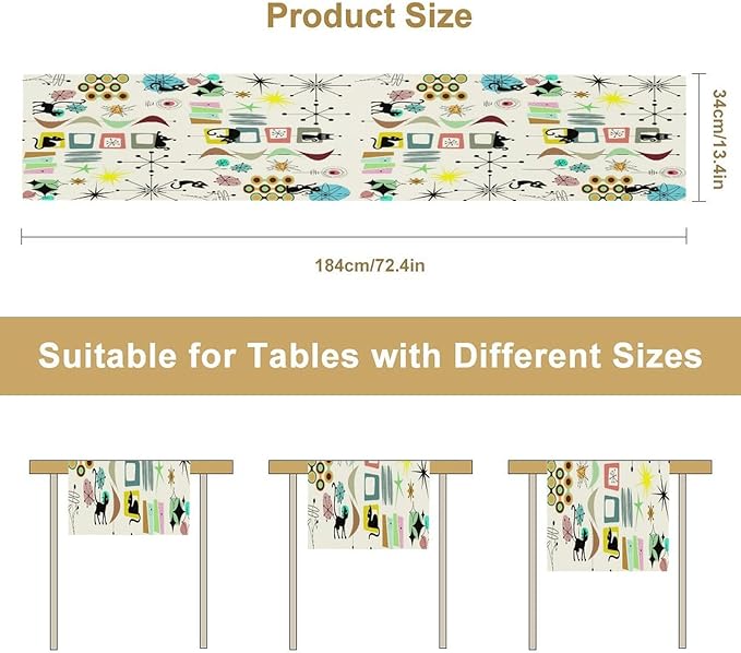 Colorful Geometric Table Runner,Vintage Mid Century Cute Cat Abstract Morden Print Tablecloth Burlap for Hotel Indoors Outdoor Dining Room Kitchen Home Decor, 13x36in