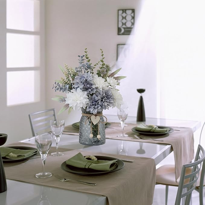 Fake Flowers in Vase,8 Dahlias,Silk Artificial Flowers in Vase,Centerpiece Table Decorations,Faux Flowers in Vase with a Flower Arrangement Holder