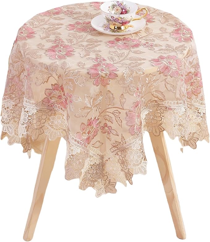 Lace Floral Tablecloth Vintage Round Tablecloth Decorative Exquisite Border Table Cover for Party Wedding Home Decorations, Round-48, Pink