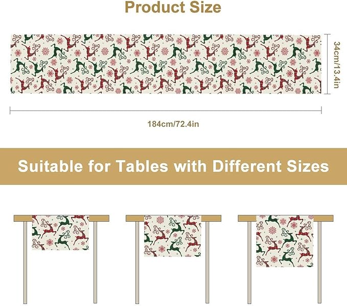 Christmas Table Runner,Christmas Plaid Deer Print Farmhouse Table Cloth Kitchen Dining Table Decoration for Home Party Decor 13x70 Inch