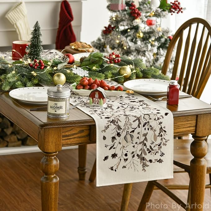 Artoid Mode Leaves and Flowers Cotton 210 GSM Winter Table Runner, Seasonal Christmas Kitchen Dining Table Decoration for Home Party Decor 13x108 Inch