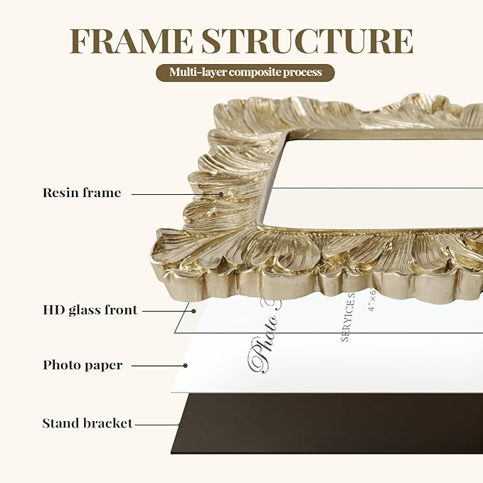 Cuspin Vintage Picture Frame 4x6 Frames, Gold Palm Leaves Textured Hand-Crafted Resin with Glass Front Elegant Retro Vintage Design Photo Frame for Wall and Tabletop Display Home Decor
