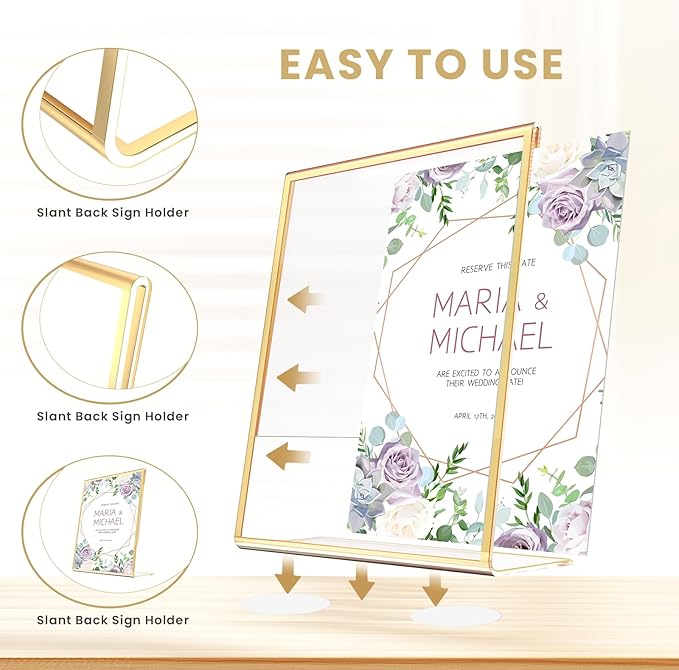Acrylic Gold Frames 5X7, Slanted Back Gold Picture Frames Table Acrylic Sign Holder for Photos Wedding Table Numbers and Art Display with Removable Clear Sticky Dots，6 Pack